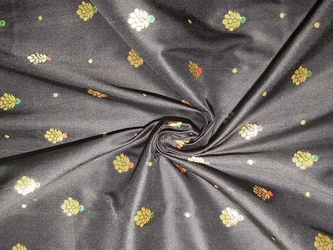 Silk Brocade fabric Black x metallic gold color 44 wide BRO776[4]