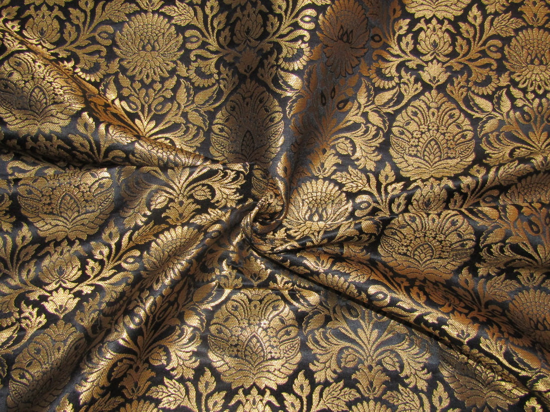 Silk Brocade Fabric Black Roses x Metallic Gold 44 BRO741[3] by The Yard