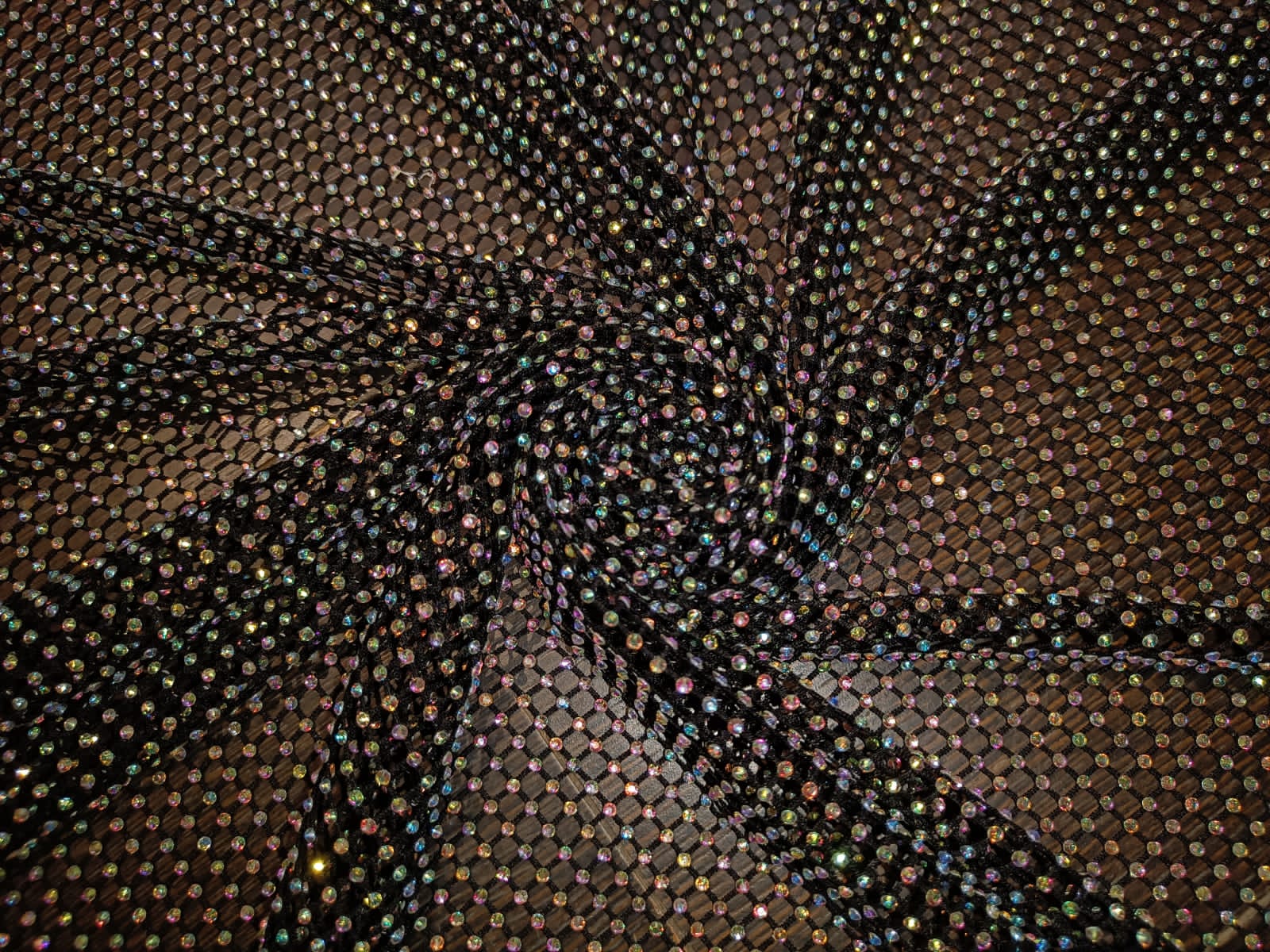 Stretchy Netting fabric, Black polka dot design