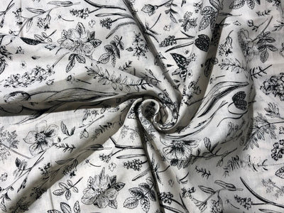 100% linen  digital print fabric 44" wide available in 4 PRINTS CREAM ABSTRACT WITH SEA GREENS,GREENY GREY FLORAL,ELEPHANT AND BLACK AND CREAMK FLORAL