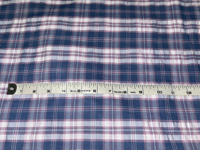 100 % cotton seersucker yarn dyed American plaids  manufactured  by Arvind mills, 58 inches wide /147 cms,available in 2 colors BLUES /PURPLES AND WHITE and  BLUEISH GREY/GREY/PINKS AND WHITE IVORY