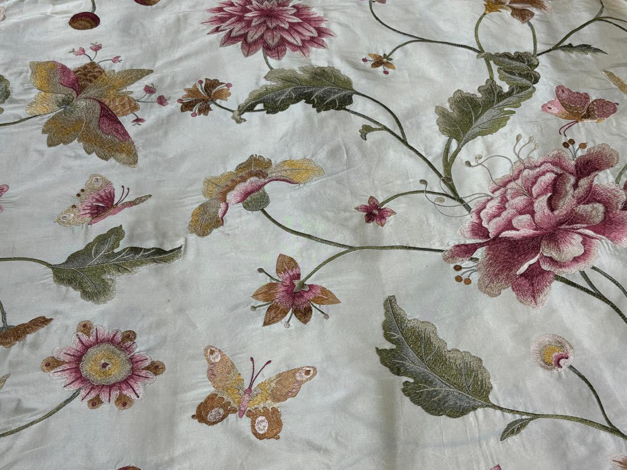 100% Silk dupioni silk 54&quot;-dark ivory with floral embroidery in  pink ,gold and olive floral DUPE64