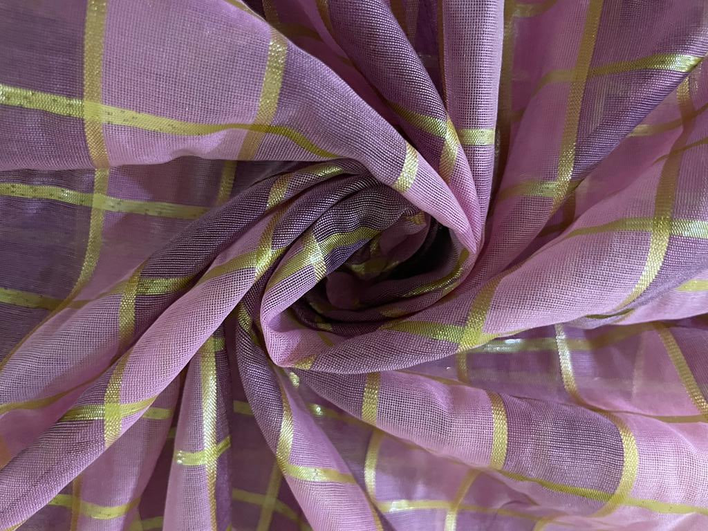 cotton chanderi fabric plaids shade of pink &amp; metallic gold 44&quot; wide [9258]