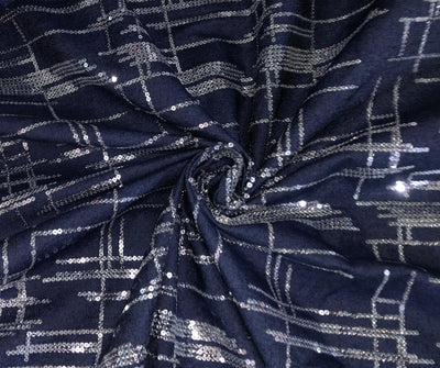 100% Cotton Denim Fabric 58" wide WITH SILVER SEQUENCE  available in 2 designs floral [DENIM BLUE AND BLACK] and squares