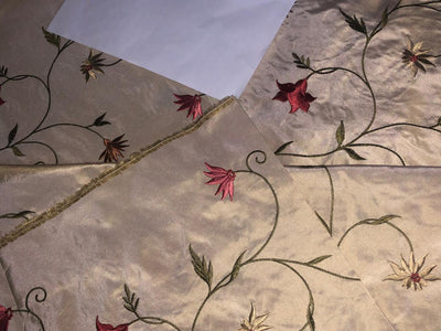 100% Silk TAFFETA  EMBROIDERY 44" WIDE cream with scarlet, brown ,blue and yellow flowers TAFE22[3]