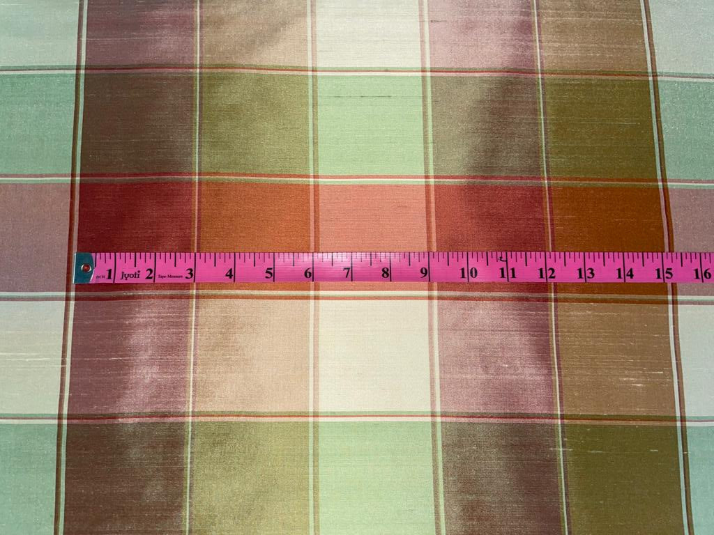 Silk Dupioni Fabric Plaids Shades of green/cream/orange color 54" wide DUP#C101[2]