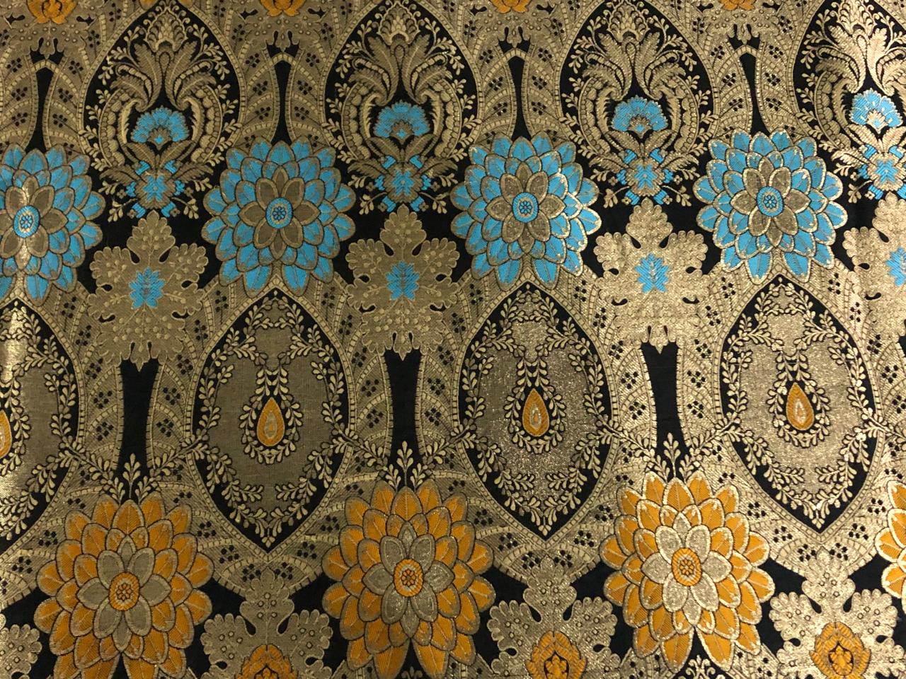 Silk Brocade Fabric BLACK ,metallic gold ,red ,blue and mustard Color 44" wide BRO775[5]