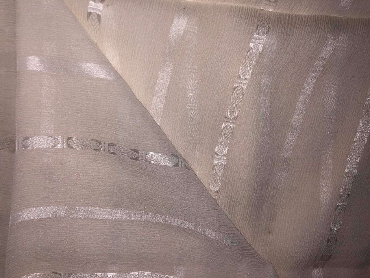 100% SILK CHIFFON  fabric white ivory with silver jacquard stripes 54" wide [16085/6949]