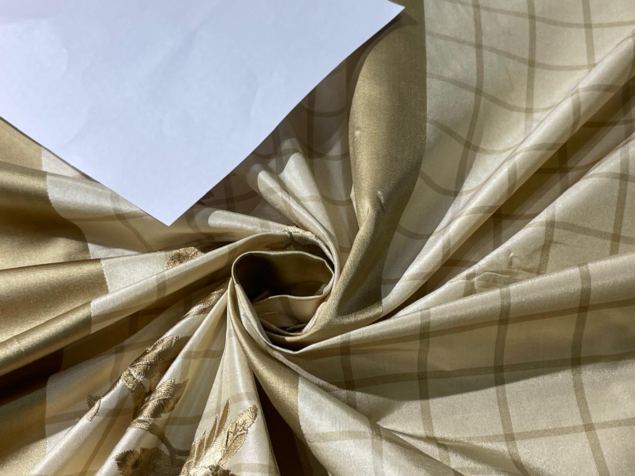 100% Silk Taffeta Jacquard Fabric  CREAM AND GOLD PLAIDS WITH GOLD JACQUARD LEAVES TAFJACNEW19