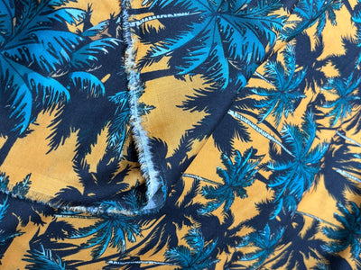 COTTON FEEL POLY MUSLIN PRINTED FABRIC 56" wide TROPICAL/ BEACH WEAR IN 4 DIFFERENT DESIGNS AND COLORS mustard palm, fancy waitress, holiday geometric and grey floral