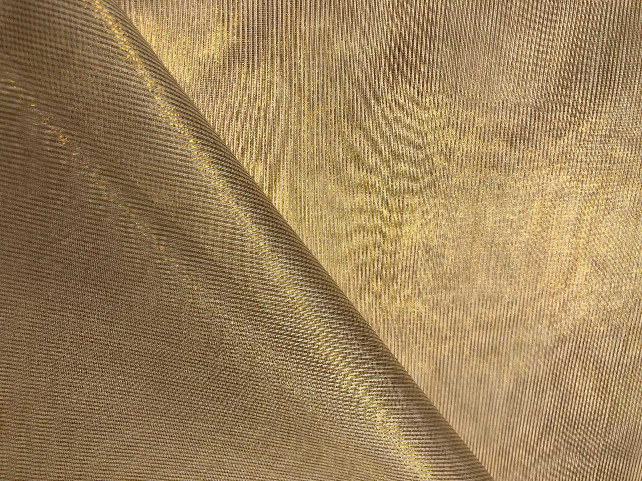 Silk Cotton Chanderi Fabric Natural ivory x metallic gold stripes 44&quot; wide [16563]