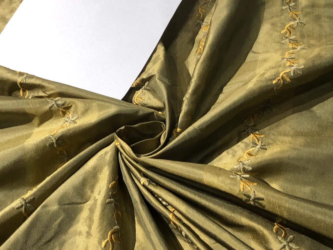 100% Silk TAFETTA EMBROIDERY 54" wide light and dark shade of olive stripe  with delicate olive mustard floral stripes TAFE23