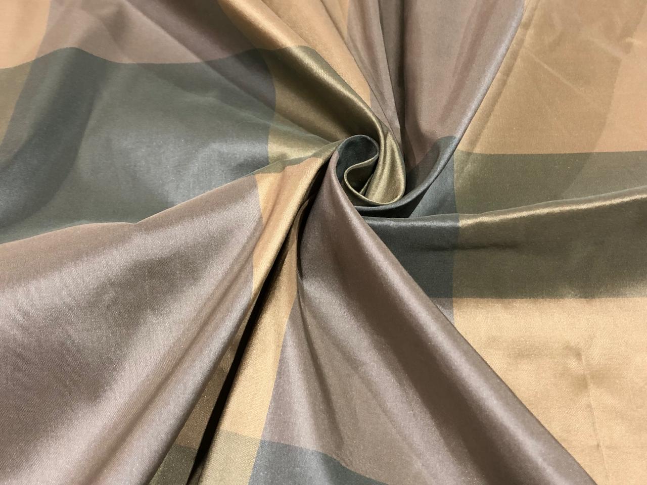 100% PURE SILK TAFFETA FABRIC PLAIDS  GREENS AND TAUPE   54"wide TAFNEWC12roll