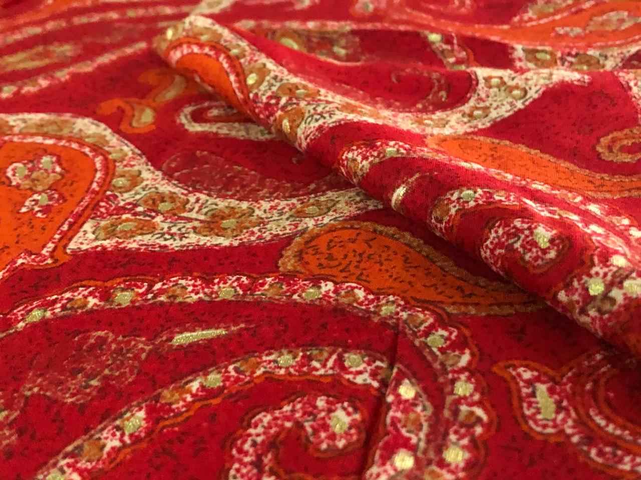 Premium Viscose Rayon fabric with foil print 58" wide available in four colors RED/PINK/PEACOCK GREEN AND MUSTARD GOLD