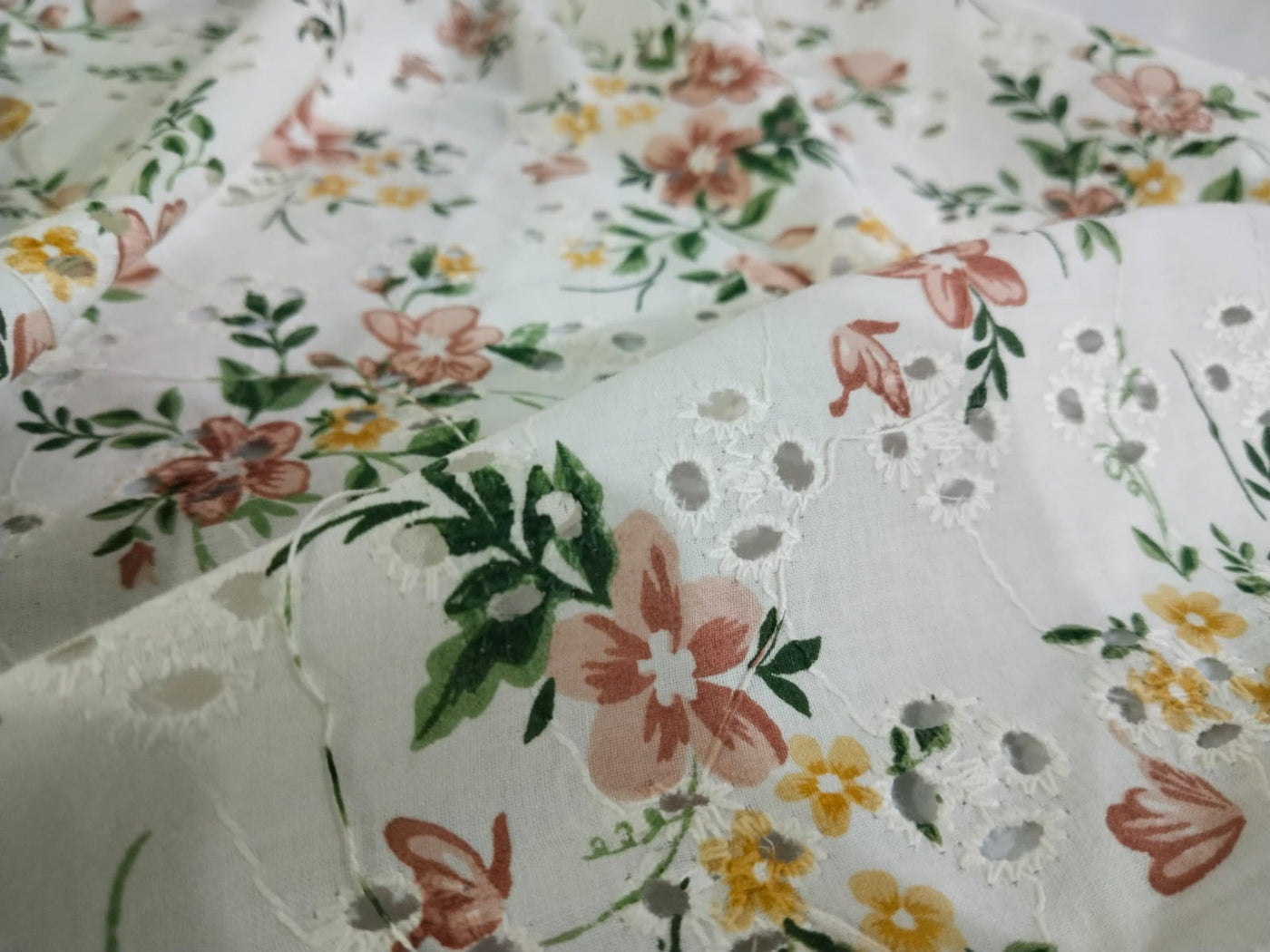 100% Cotton printed and chikan embroidery  fabric  58 inches wide 147 cms.available in 3 colors