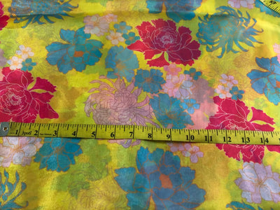 Shimmer Organza  fabric, Gleam sheer fabric Digital Print 54" wide available in 3 prints ivory with a spray of pink roses/cream with blue ,pink orange flowers and bright yellow with pink and blue flowers