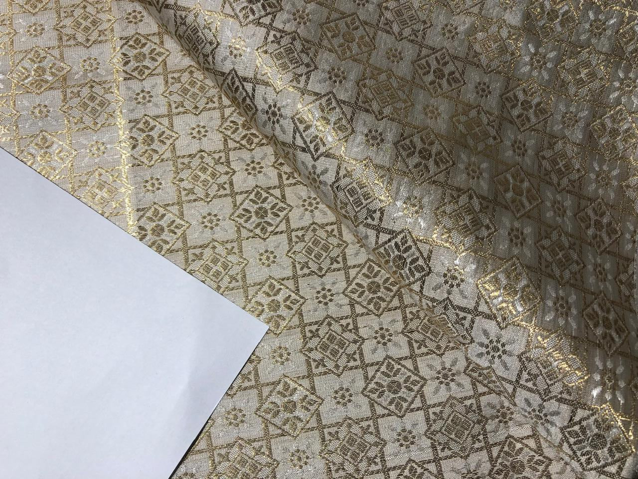 Silk Brocade fabric  WHITE WITH METALIC GOLD PLAIDS AND FLORAL MOTIF IN CENTER  jacquard  BRO1004[2]