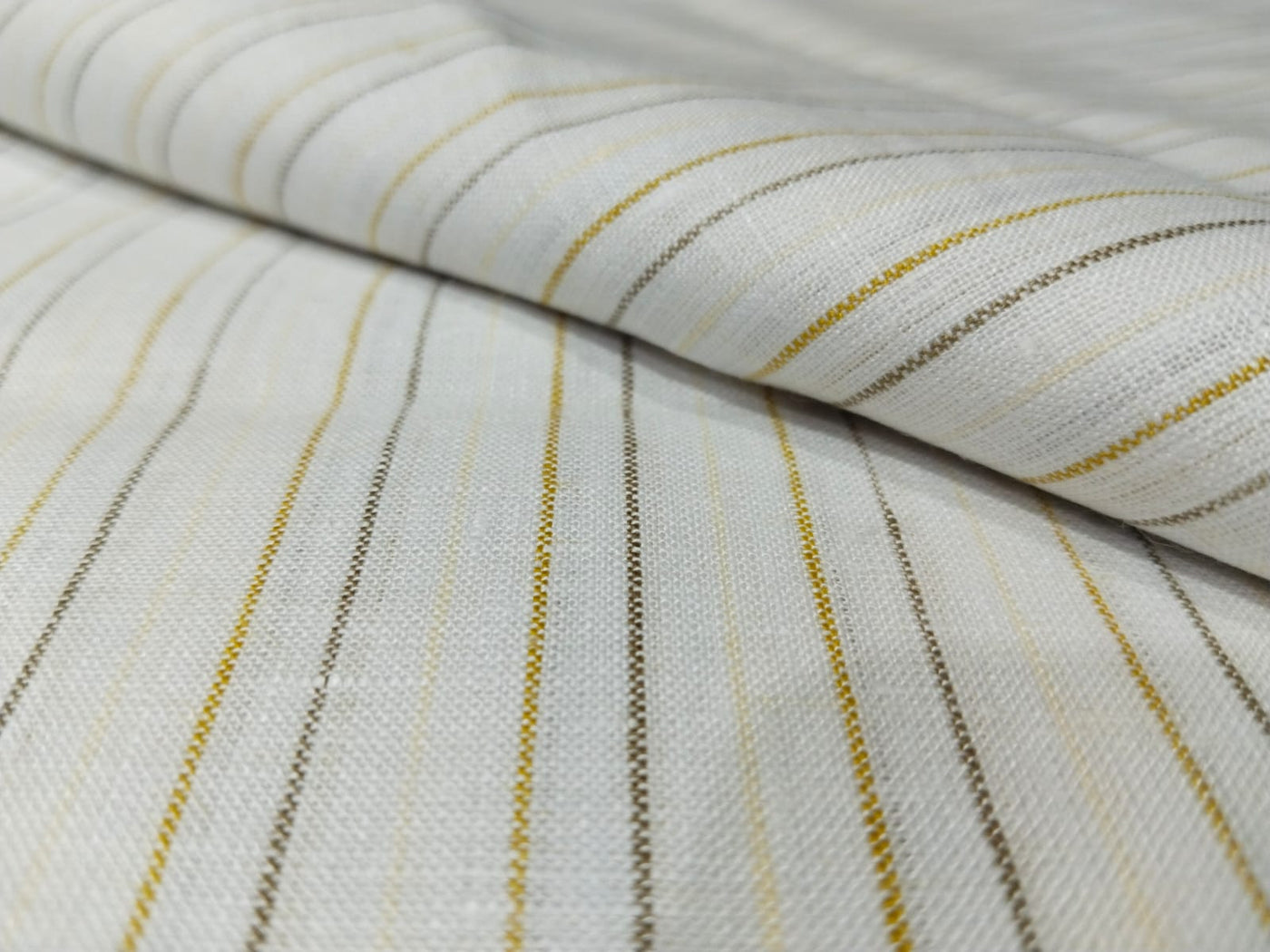 100% Linen stripe 60's Lea Fabric 58" wide available in two colors blue/ white and ivory ,yellow and brown .