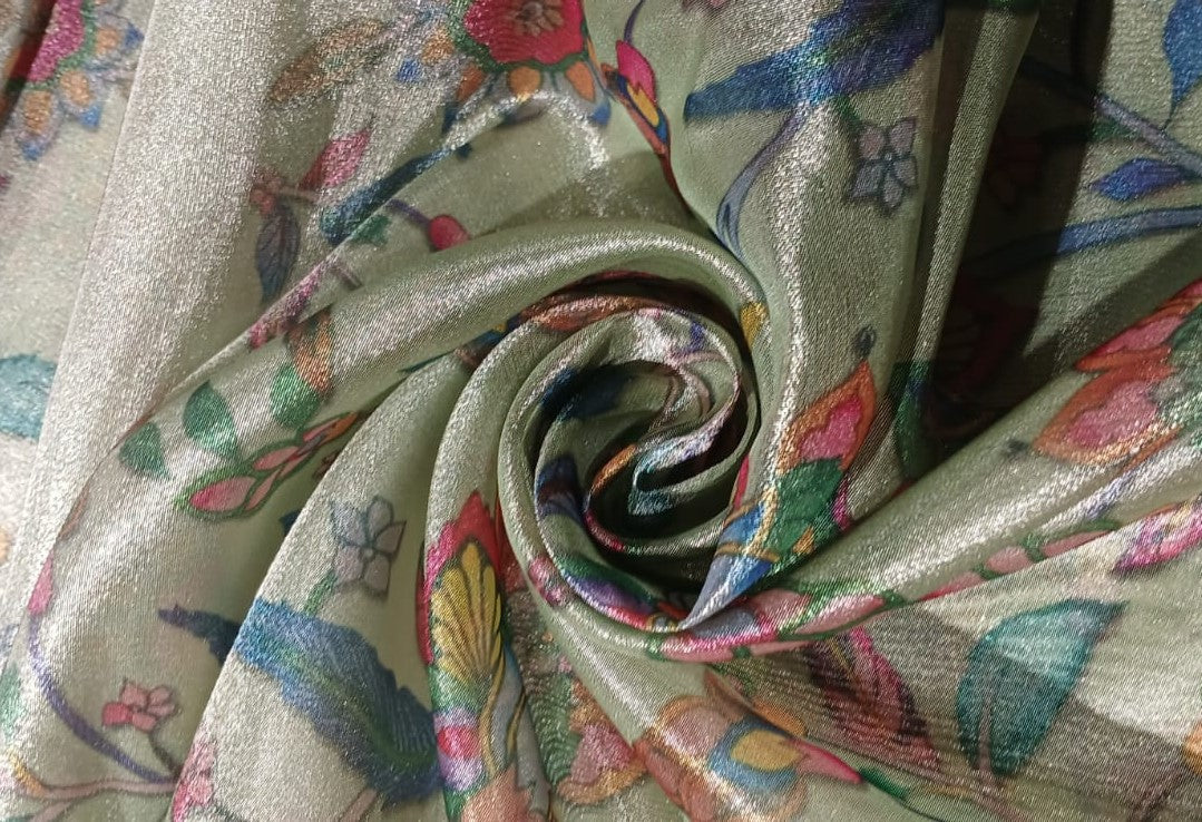 Silk metallic tissue organza fabric MULTI COLOR FLORAL JACQUARD 44 INCHES WIDE available in 5 colors SILVER GREY,MINT,PINK ,SILVER BLUE AND SILVER BLUE