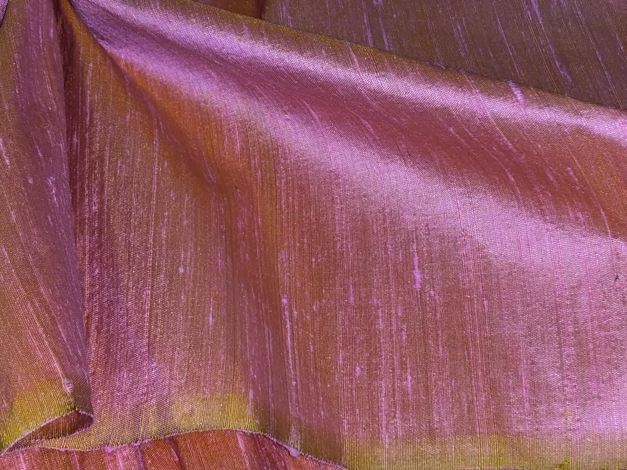 100% PURE SILK DUPIONI FABRIC PINK X GOLD colour 44&quot; wide WITH SLUBS*MM31[3]