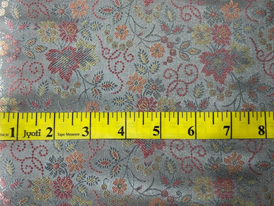 Silk Brocade fabric 44" wide silver grey with pink and yellow flowers  FLORAL JACQUARD  BRO959[3]