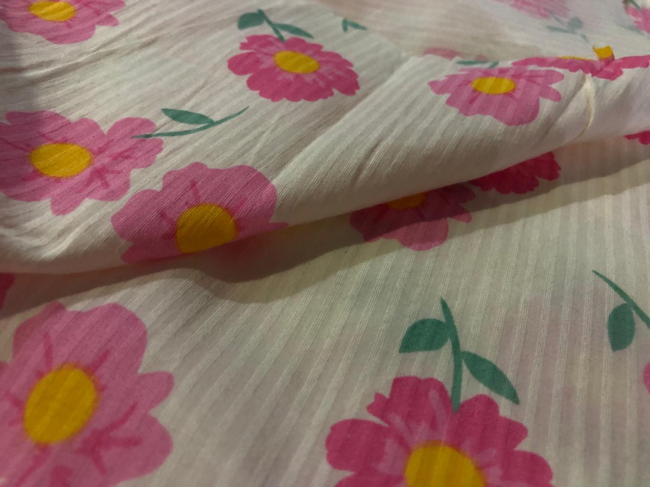 100 % Cotton IVORY SELF STRIPE WITH DAINTY PINK FLOWER MOTIFS  58" wide [16867]