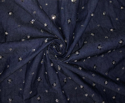 100% Cotton Denim Fabric 58" wide WITH SILVER SEQUENCE  available in 2 designs floral [DENIM BLUE AND BLACK] and squares