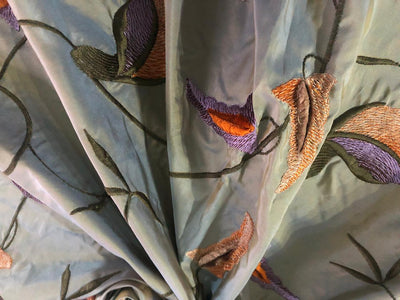 100% Silk TAFFETA EMBROIDERY 44" WIDE iridescent blue green   with  purple and orange  flowers TAFE22[2]