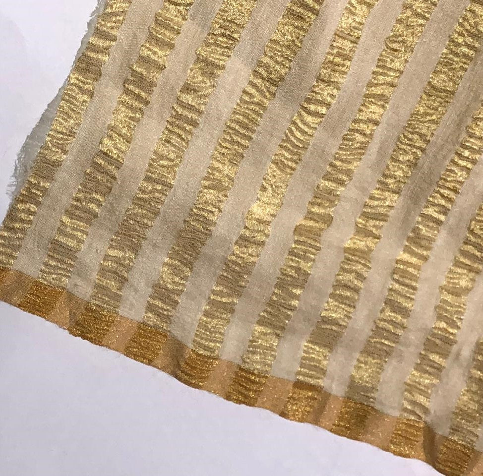 SILK  Crushed MUGA SILK TISSUE STRIPES available in 4 colors crinkle gold x gold stripe/dark ivory x copper/golden cream x silver/silver x gold