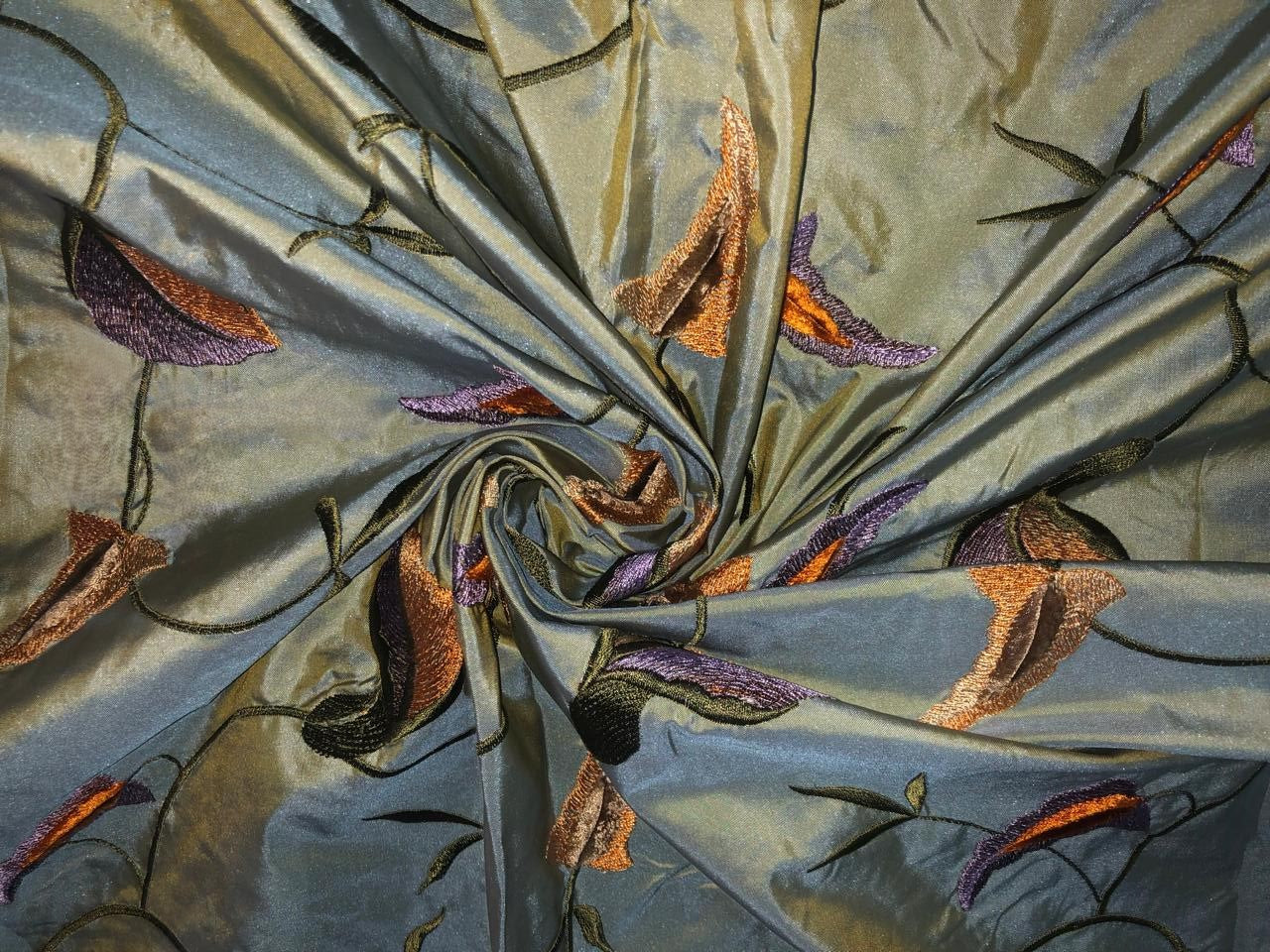 100% Silk TAFFETA EMBROIDERY 44" WIDE iridescent blue green   with  purple and orange  flowers TAFE22[2]