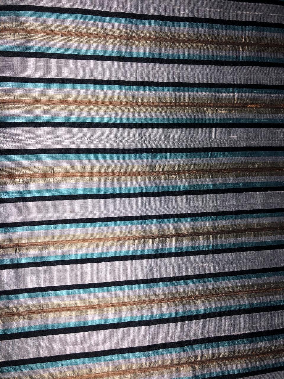 PURE SILK Dupioni FABRIC Silver grey, black ,blue and gold  color stripes DUPS12[1]