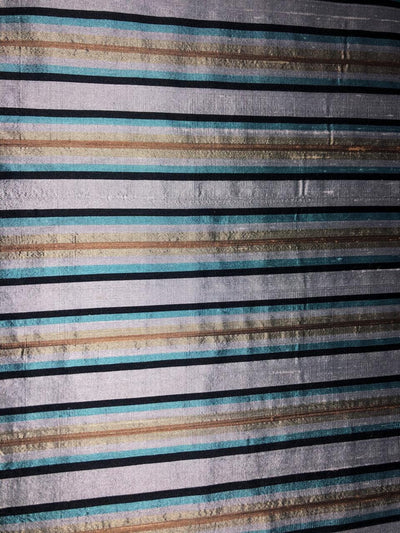 PURE SILK Dupioni FABRIC Silver grey, black ,blue and gold  color stripes DUPS12[1]