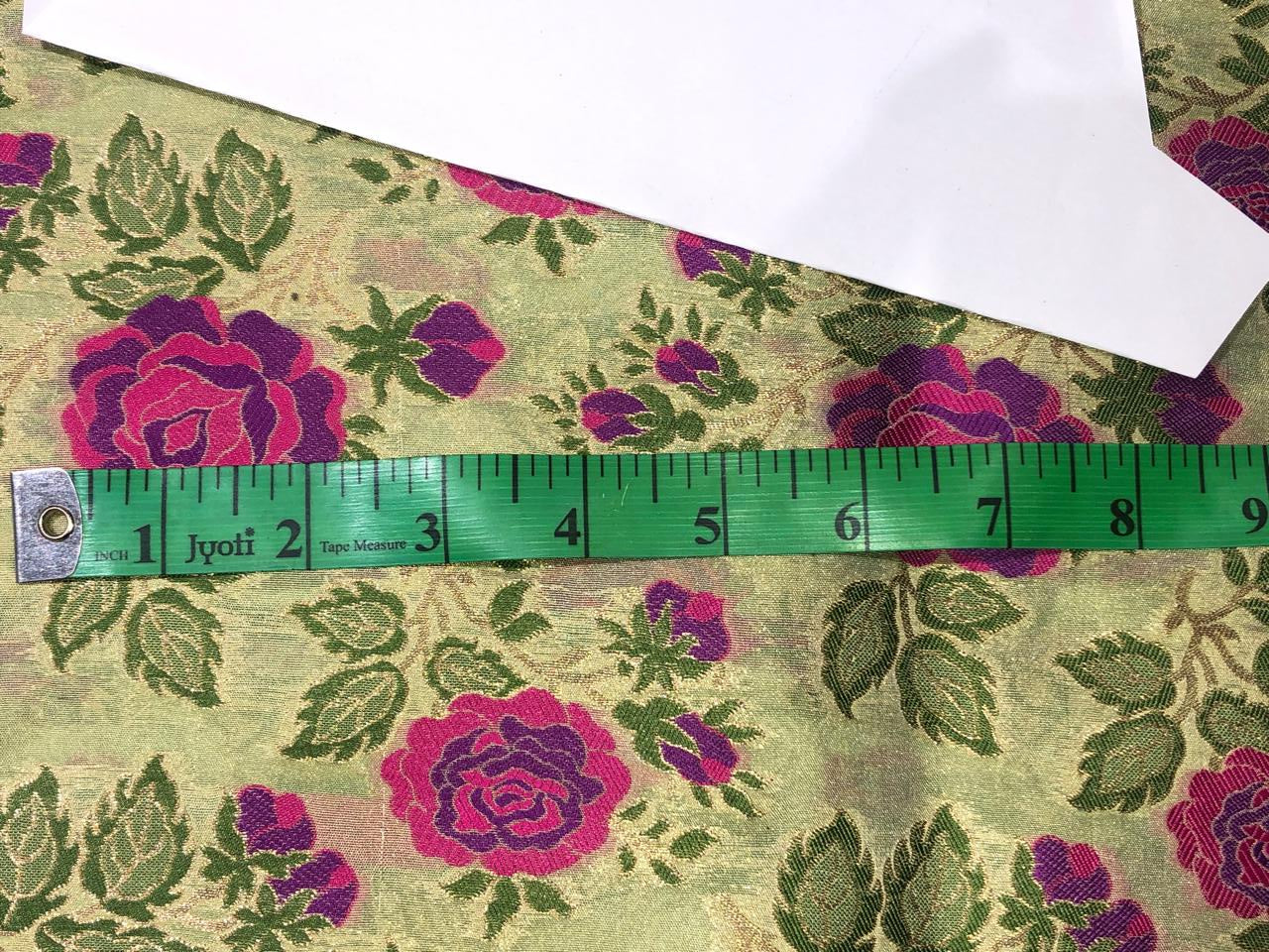 Brocade Fabric Mint  with pink purple rose Jacquard x metallic gold  Color 44" WIDE BRO982[1]