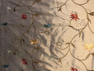 100% Silk dupioni EMBROIDERY 44" WIDE FAWN with rust ,blue ,white and yellow flowers DUPE69[5]