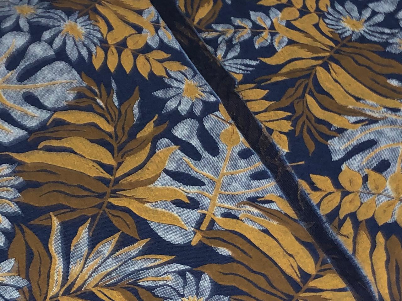 100% Cotton Denim  Fabric 58" wide JUNGLE LEAVES BLUE AND BROWN [16513]