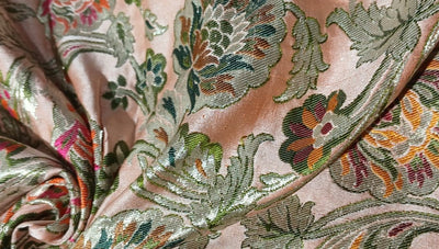 Brocade Heavy KING KHAB  Fabric PASTEL PEACH with red green ,  mustard and metallic white gold floral jacquard BRO985[1]