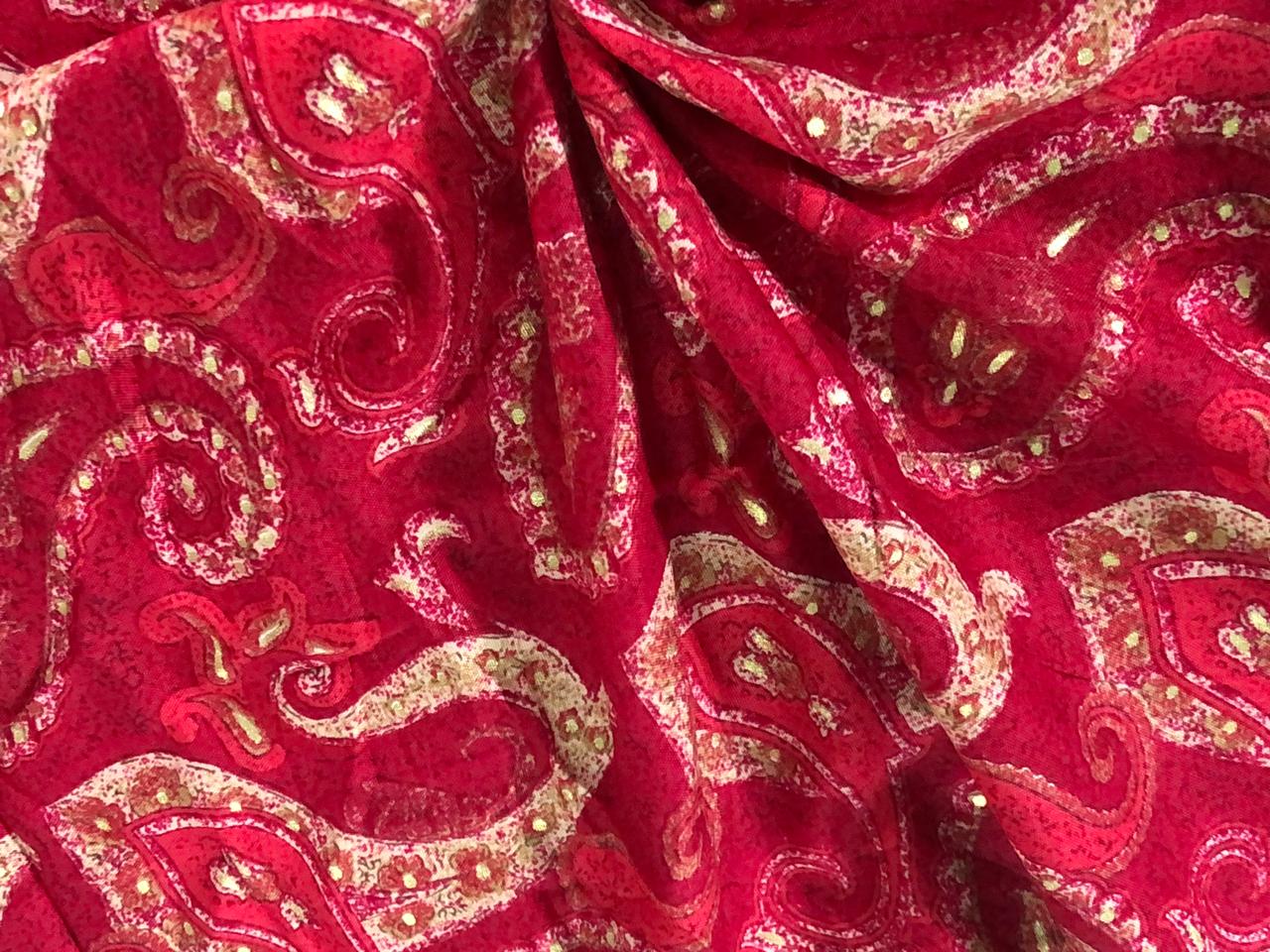 Premium Viscose Rayon fabric with foil print 58" wide available in four colors RED/PINK/PEACOCK GREEN AND MUSTARD GOLD