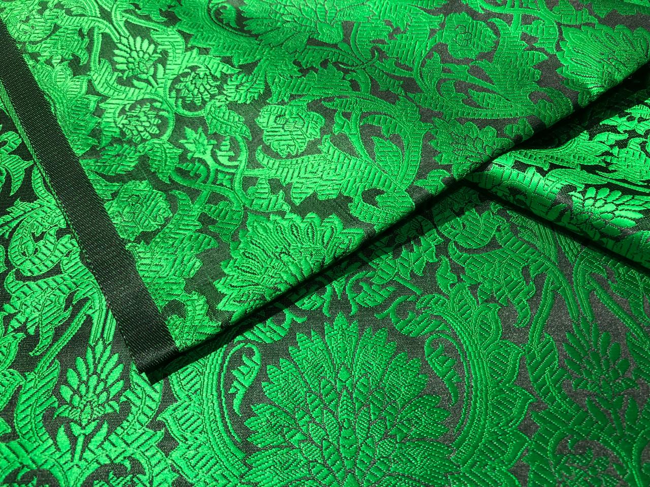 Silk Brocade fabric GREEN WITH BLACK  floral   jacquard  BRO1000[4]