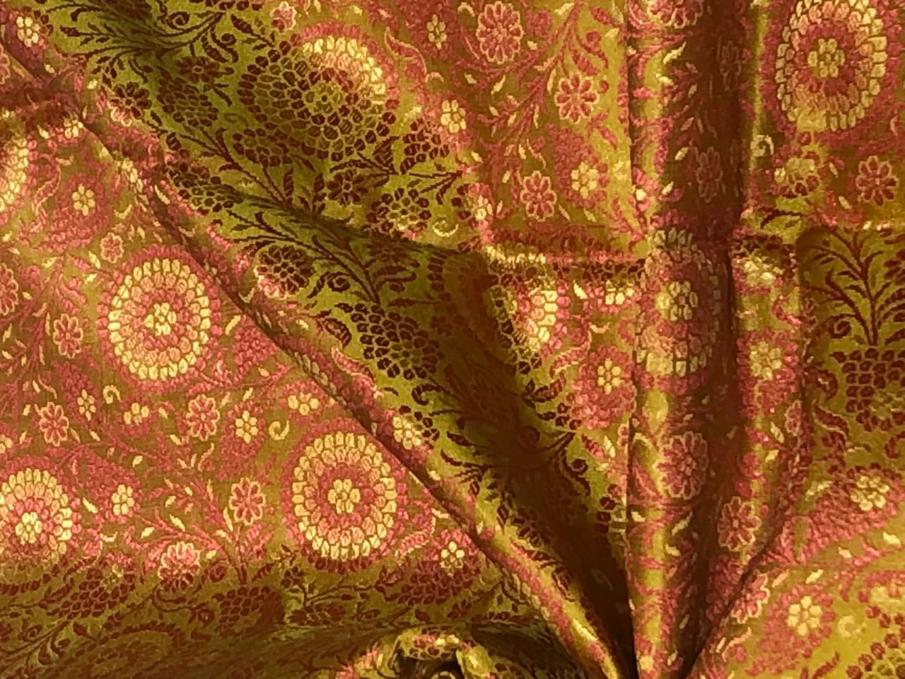 Silk Brocade fabric 44" wide INTRICATE JACQUARD available in 3 colors bright navy ,neon green and candy /golden khaki and candy AND  GOLDEN YELLOW,SALMON PINK AND NEON GREEN BRO960[1/2/3]