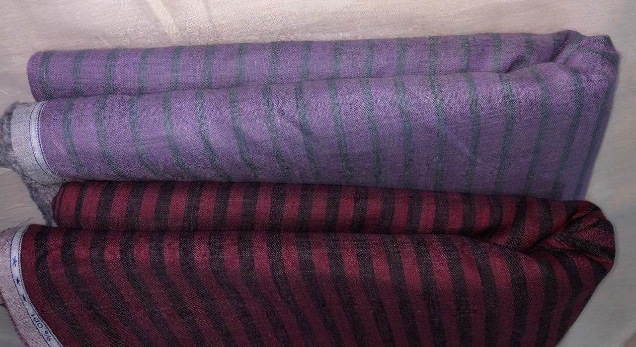 100% Linen stripe 60's Lea Fabric 58" wide available in two colors lilac/ grey and burgundy/black