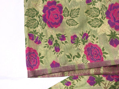 Brocade Fabric Mint  with pink purple rose Jacquard x metallic gold  Color 44" WIDE BRO982[1]