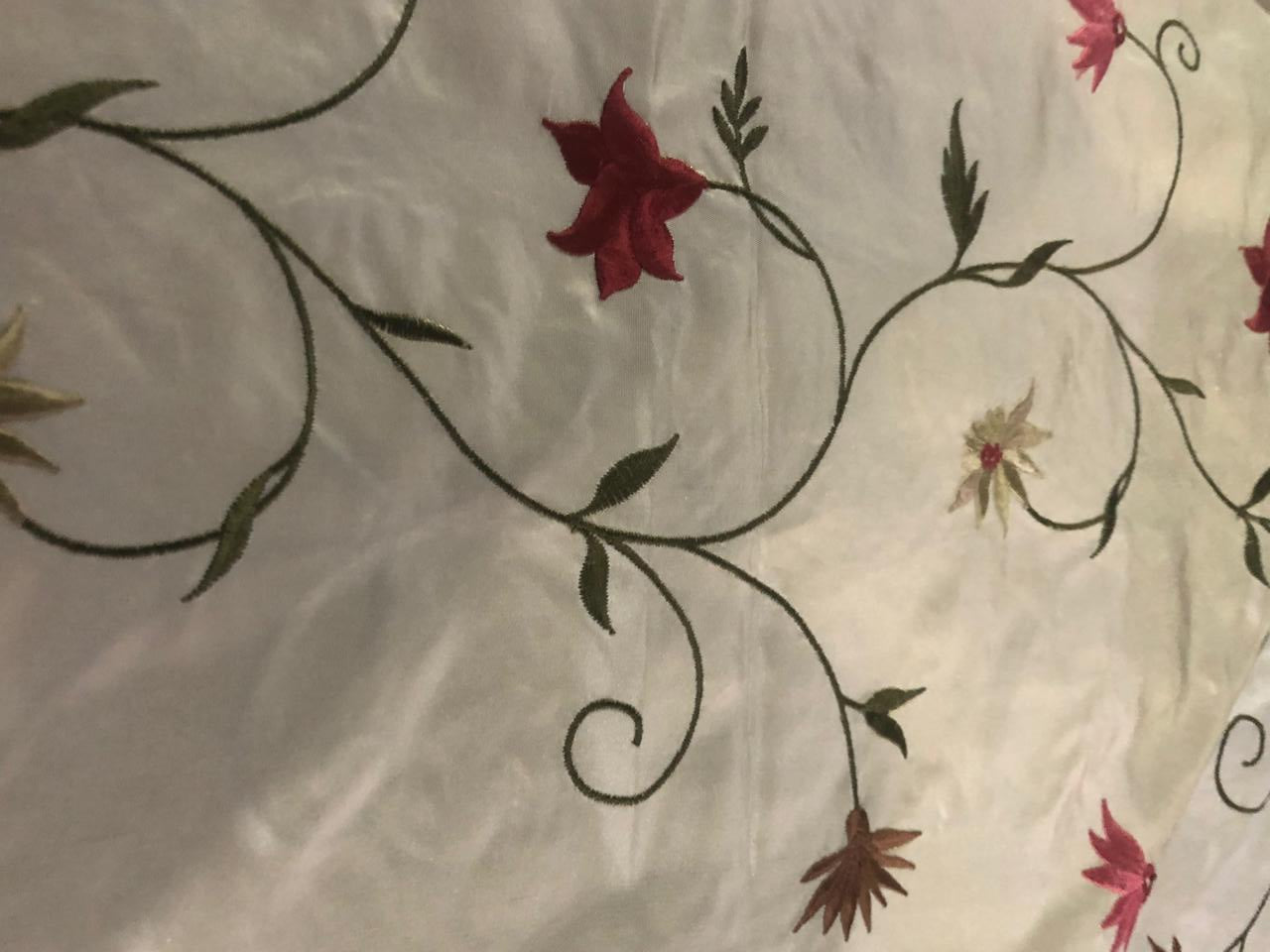 100% Silk TAFFETA  EMBROIDERY 44" WIDE cream with scarlet, brown ,blue and yellow flowers TAFE22[3]