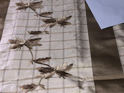 100% Silk Taffeta Jacquard Fabric  CREAM AND GOLD PLAIDS WITH GOLD JACQUARD LEAVES TAFJACNEW19