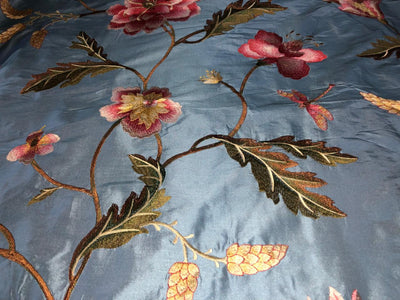 100% Silk dupioni silk 54&quot;-Blueish grey [slate blue] with floral embroidery in salmon pink, beige floral DUPE66