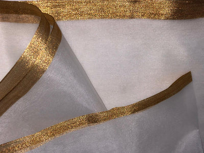 100% Silk ORGANZA FABRIC WHITE WITH GOLD BORDER 44" WIDE [15915]