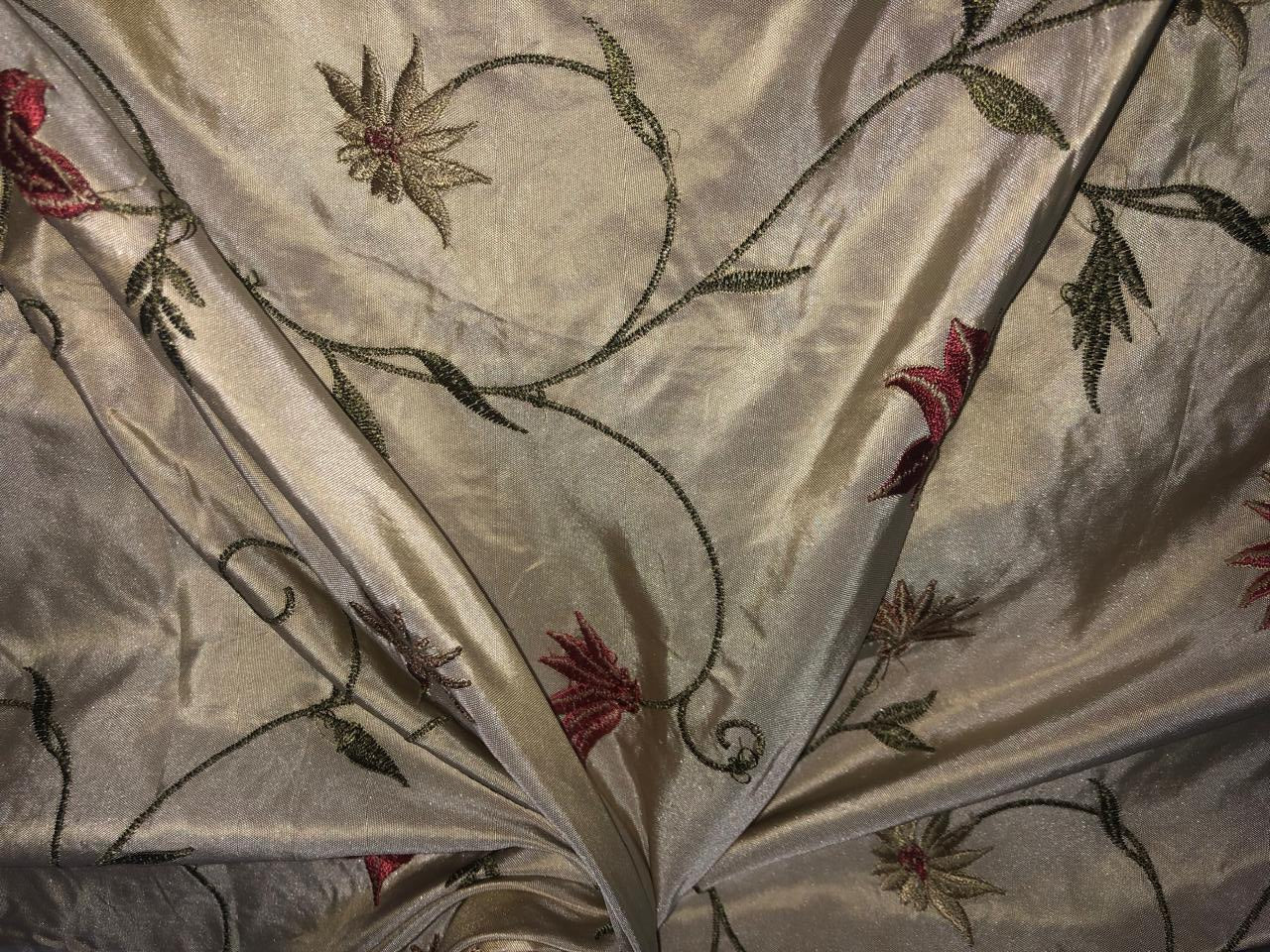 100% Silk TAFFETA  EMBROIDERY 44" WIDE cream with scarlet, brown ,blue and yellow flowers TAFE22[3]