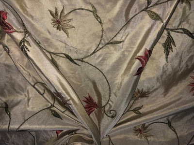 100% Silk TAFFETA  EMBROIDERY 44" WIDE cream with scarlet, brown ,blue and yellow flowers TAFE22[3]