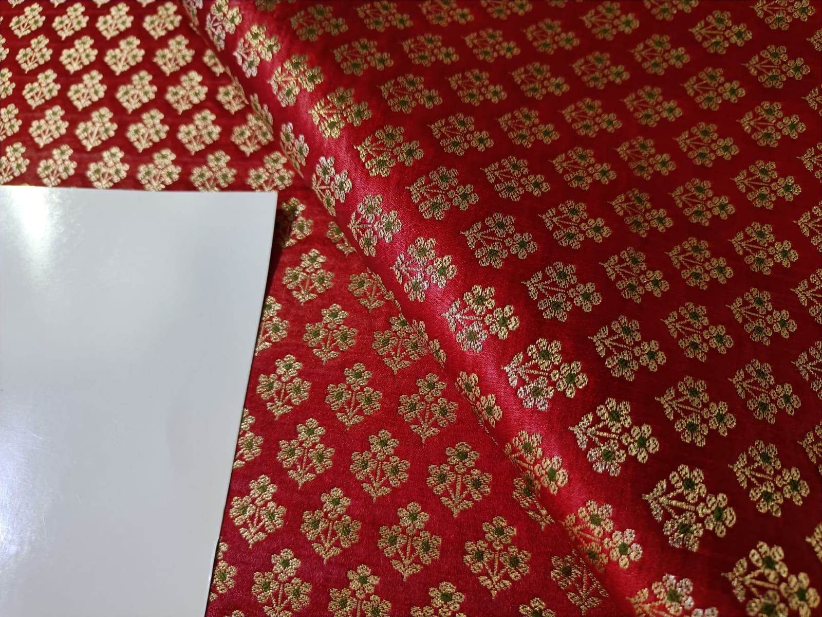 Silk Brocade fabric Red with metallic gold and green motif Jacquard co –