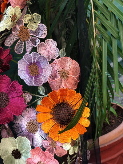 BLACK NET WITH BEAUTIFUL MULTI COLOURED FLOWERS [16917]