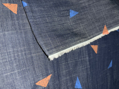 100% Cotton Denim  Fabric 58" wide mustard and blue triangles [16203]